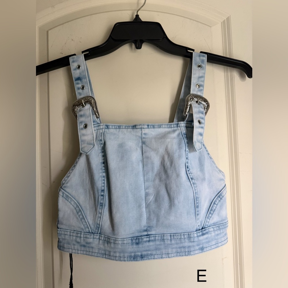 Two 2 fly Light Wash Denim Crop Overall Top with Silver Buckles buttercup s/m - Picture 2 of 9